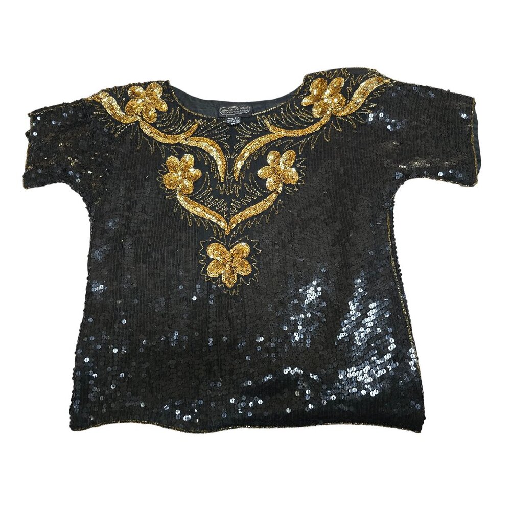Vintage Joseph Le Bon Black Gold Sequin Short Sleeve Party Top Medium